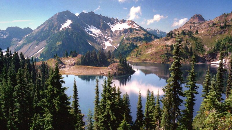 Mountain Lake with Forest — Blue, Serene, Afternoon, Photograph, Mountains, Trees, Snow