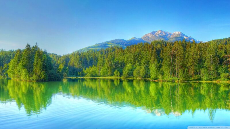 Mountain Lake with Forest — Green, Serene, Afternoon, Photograph, Mountains, Blue