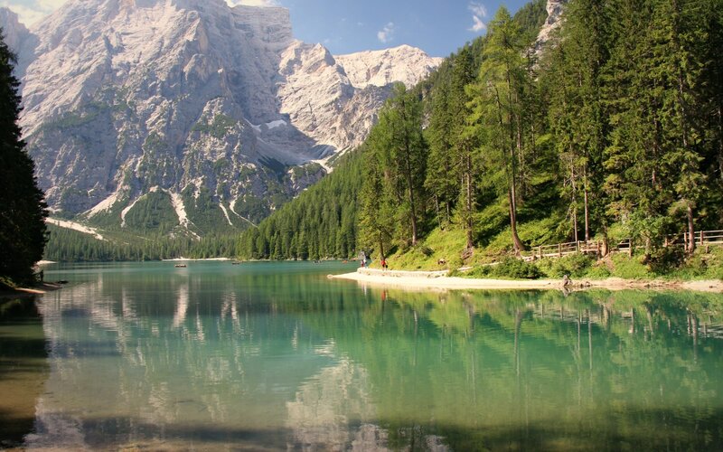 Mountain Lake with Forest — Green, Serene, Afternoon, Photograph, Mountains, Trees, Path