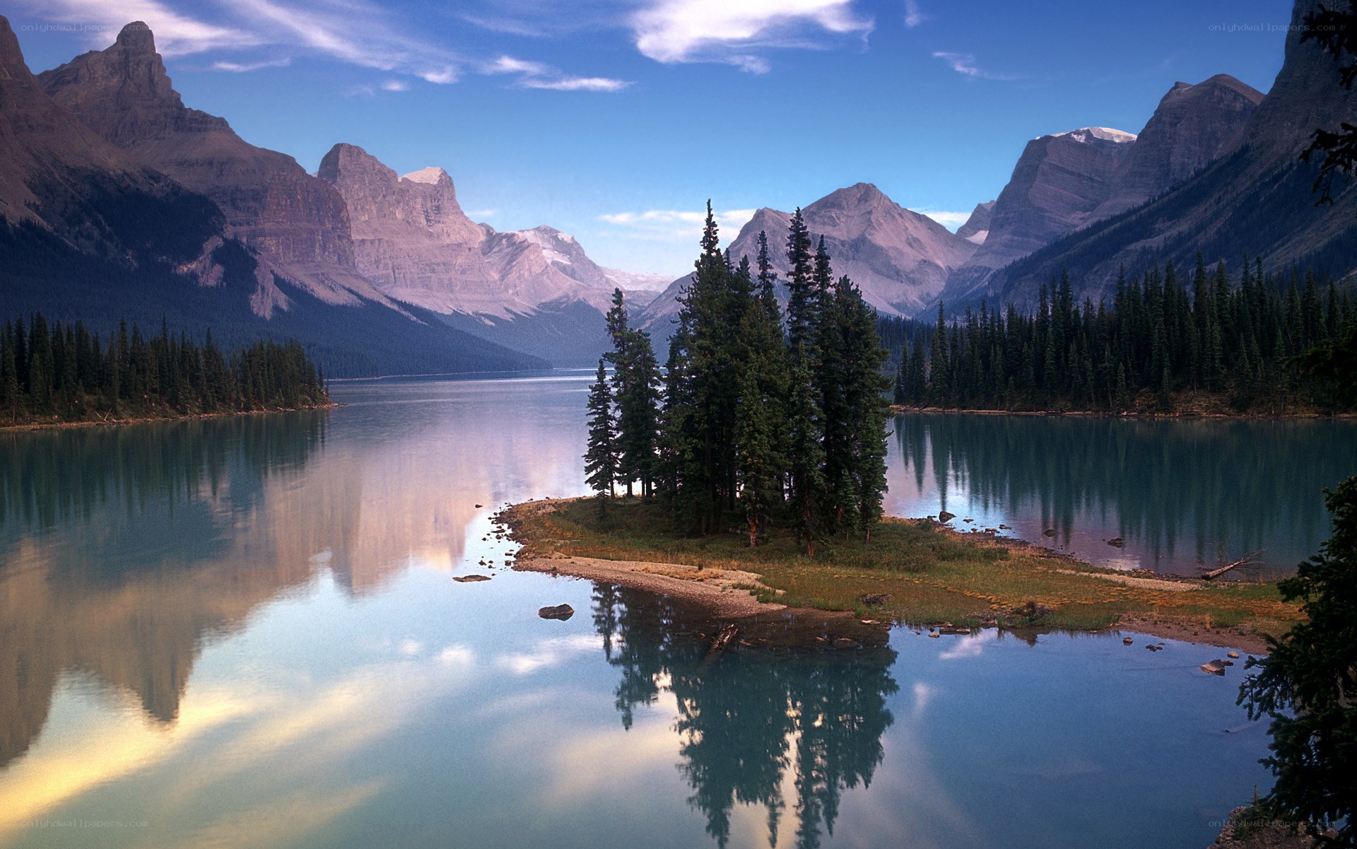 Mountain lake with forest island