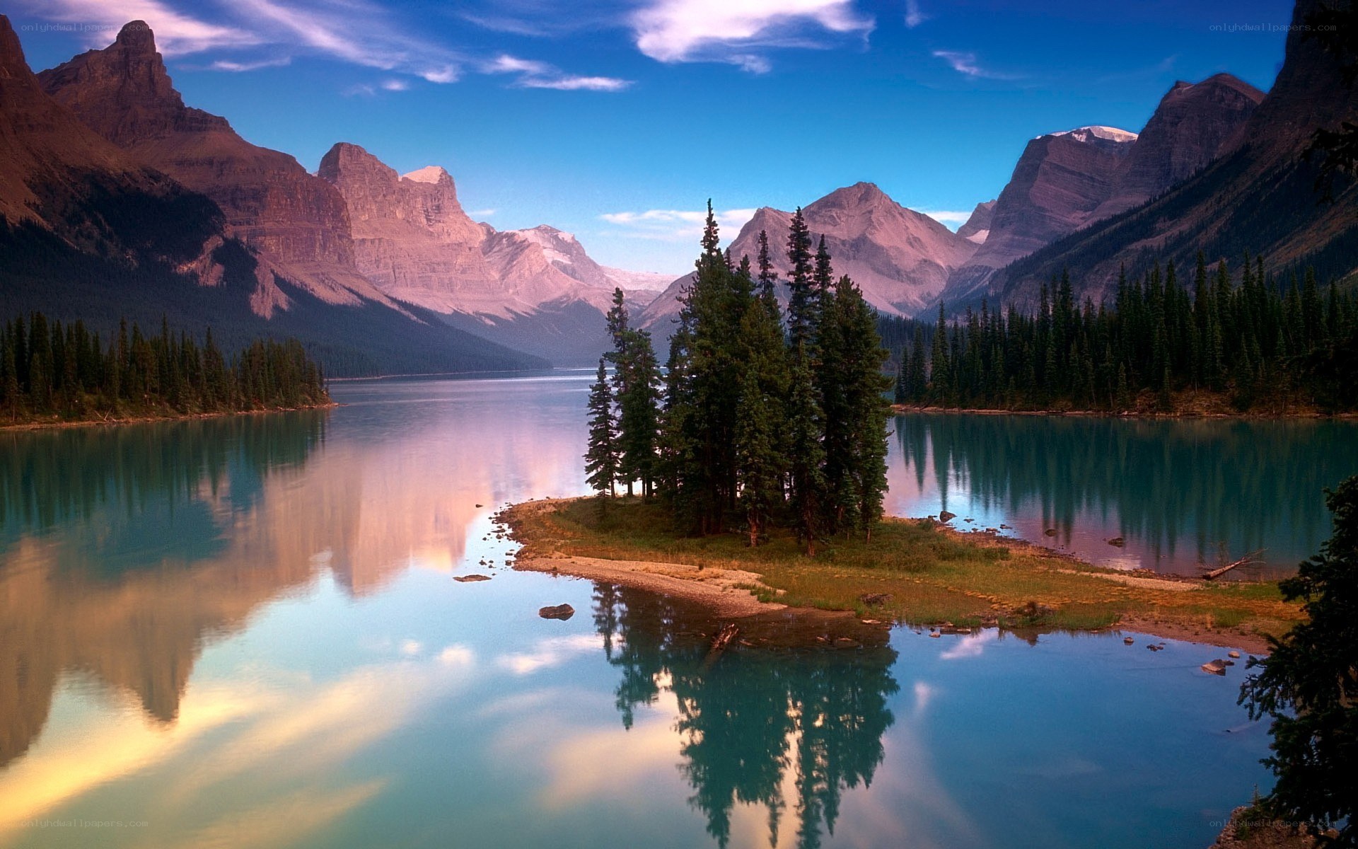 Mountain lake with forest island