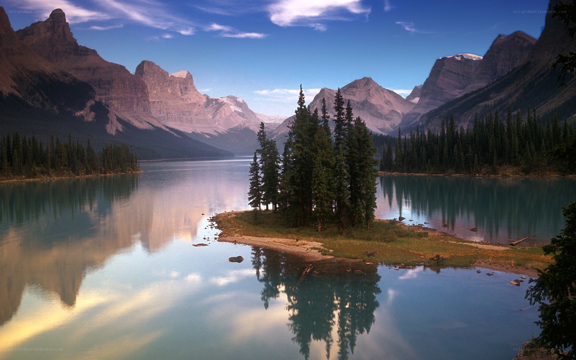 Mountain lake with forest island