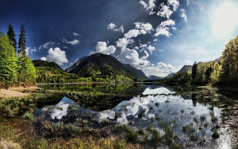 Mountain lake with forest reflection