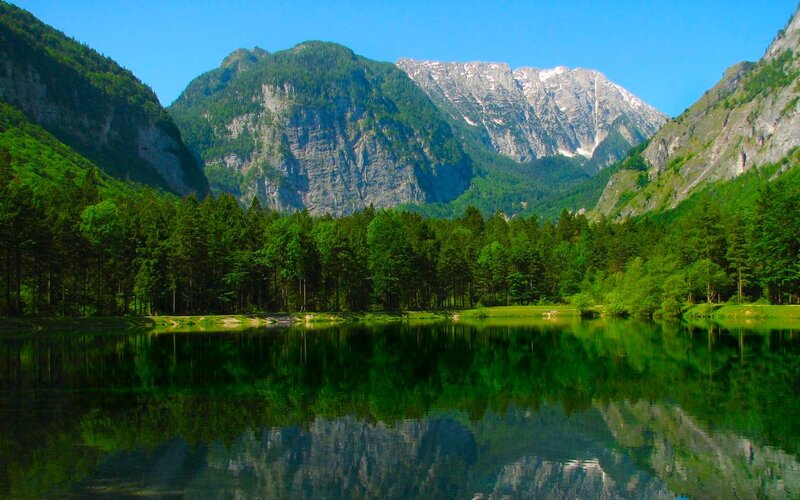Mountain lake with forest reflection