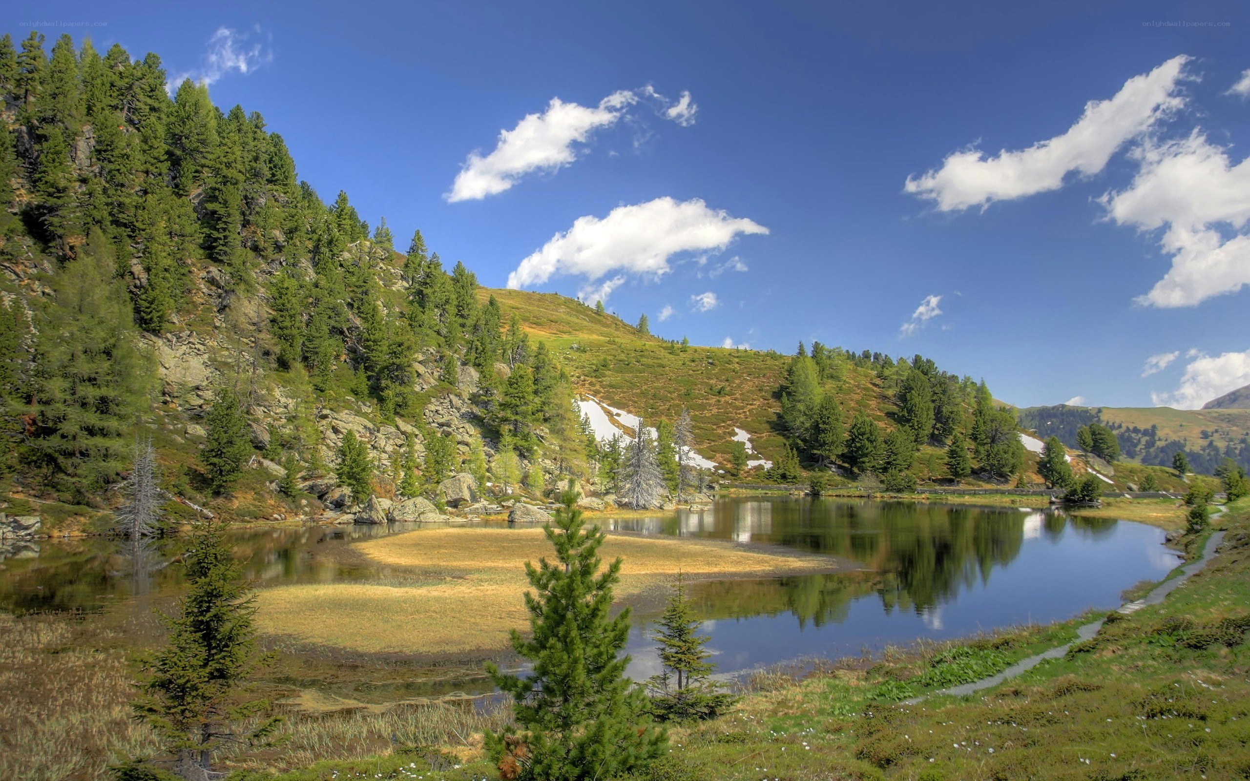 Mountain lake with forested hills