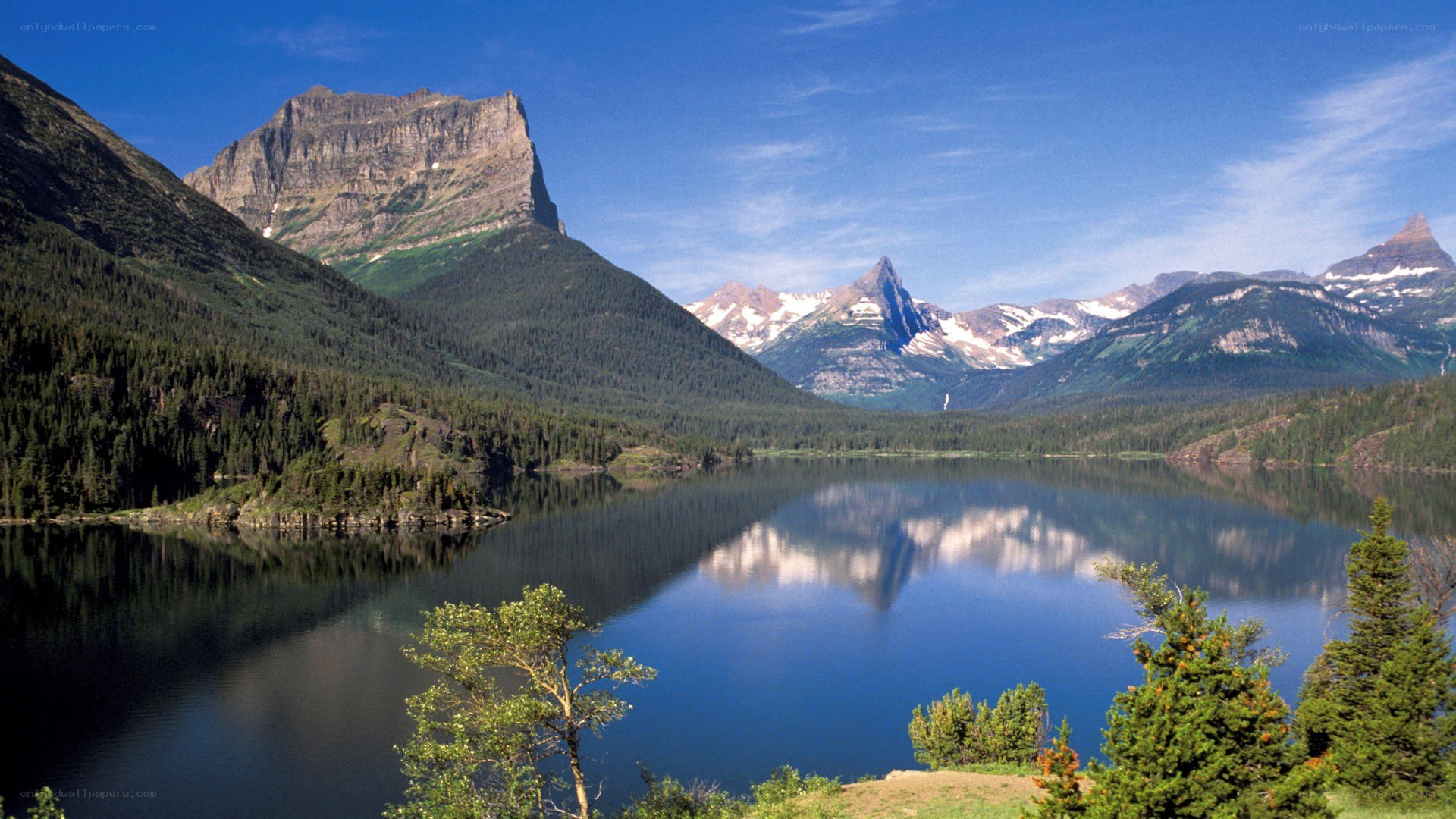 Mountain lake with forested hills