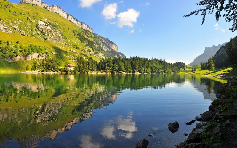 Mountain lake with forested hills