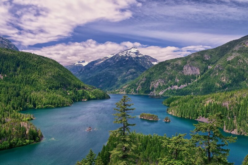 Mountain lake with forested hills