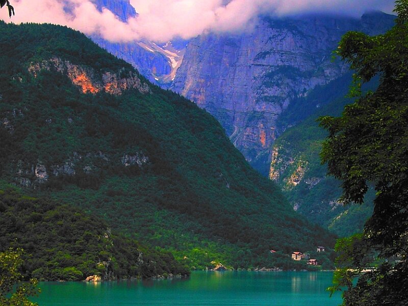 Mountain lake with forested hills