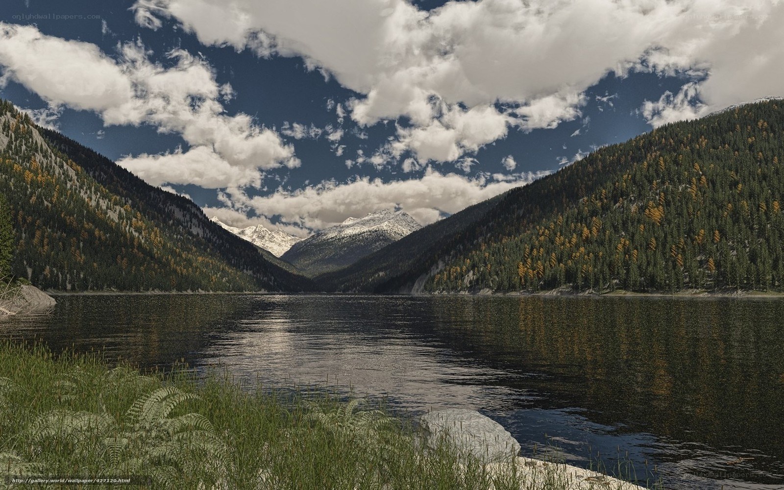 Mountain lake with forested hills