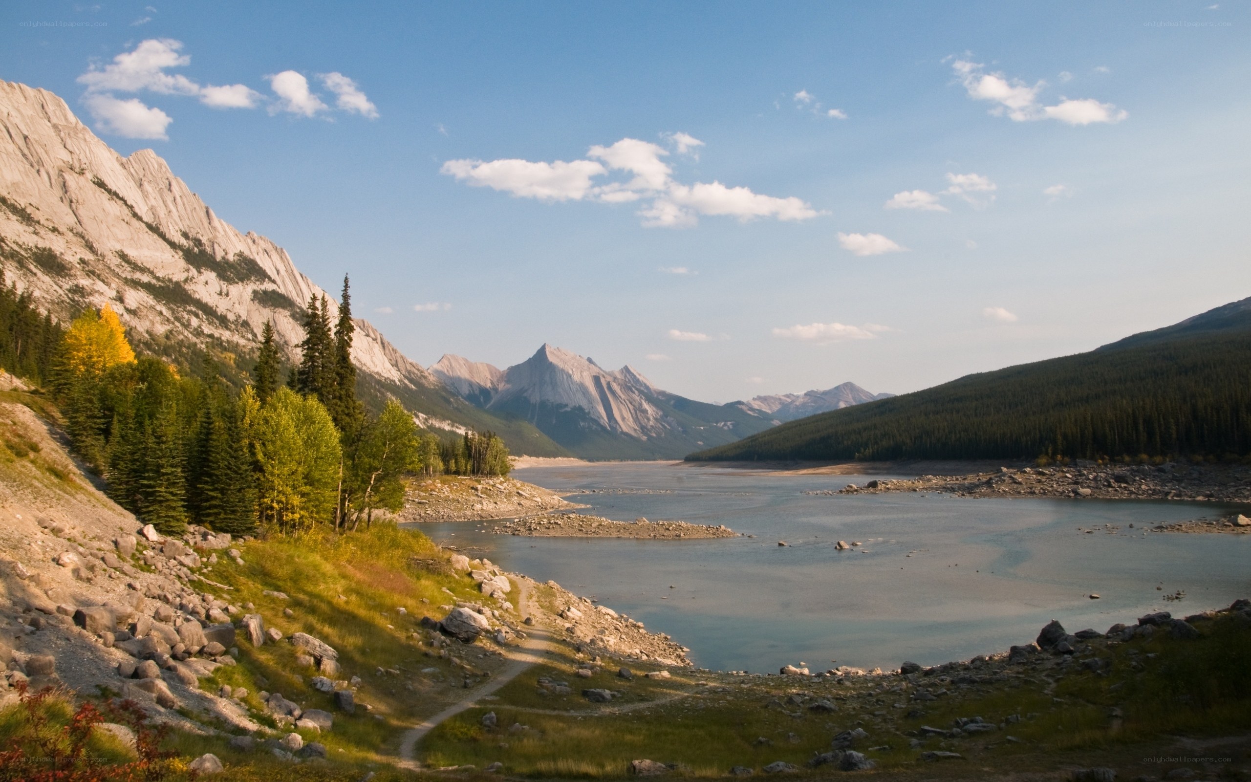 Mountain lake with forested hills