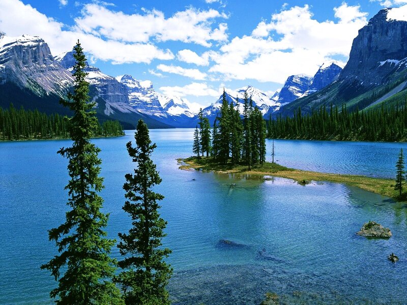 Mountain lake with forested island