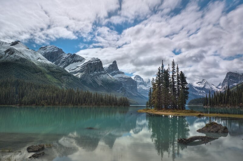 Mountain lake with forested island