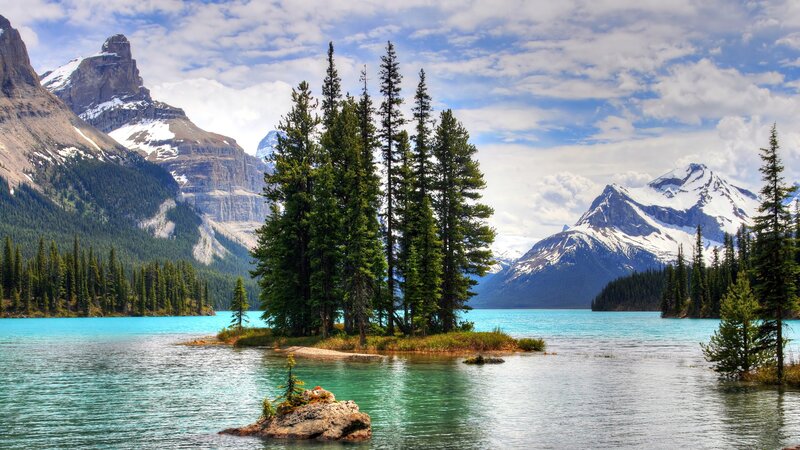 Mountain lake with forested island