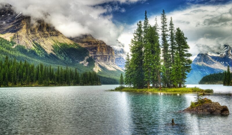 Mountain lake with forested island
