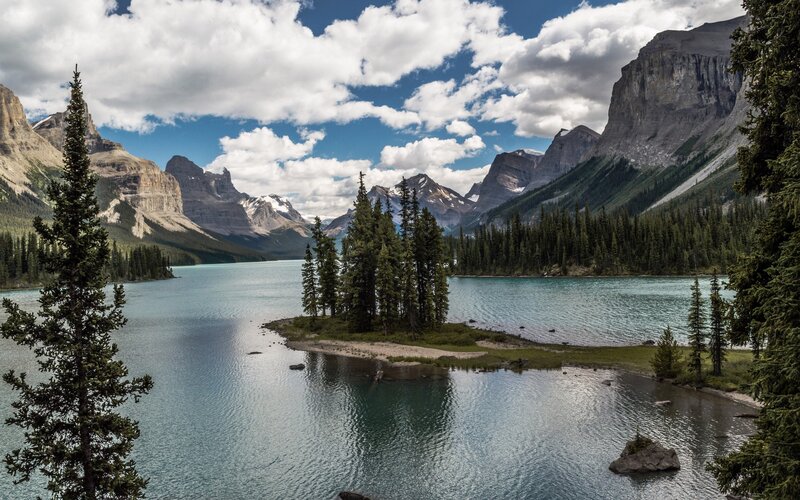 Mountain lake with forested island