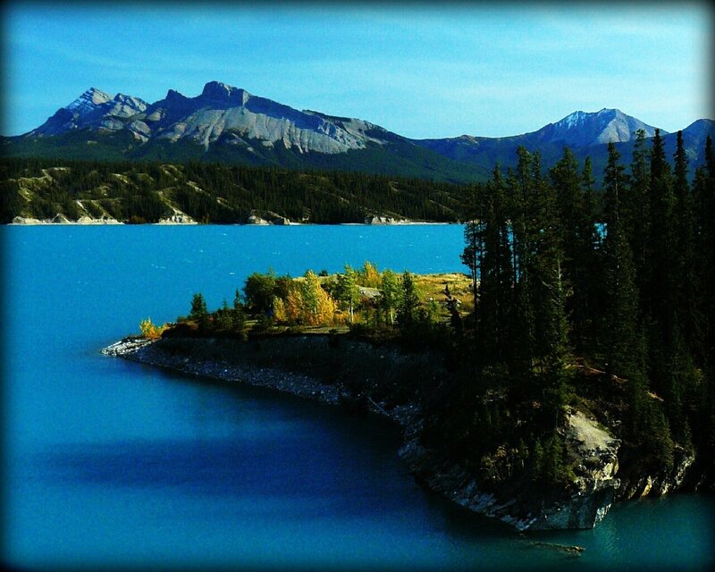 Mountain lake with forested island