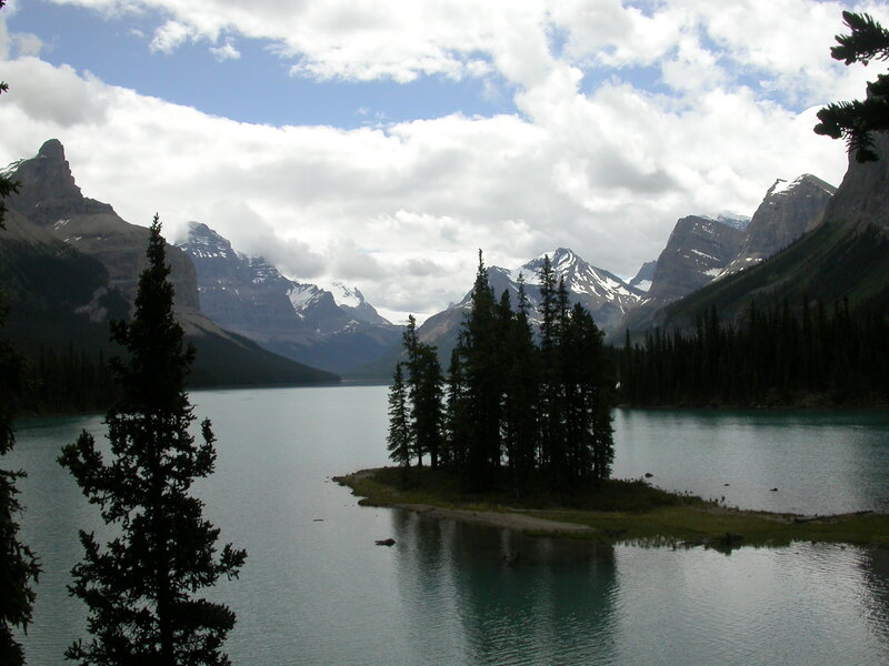 Mountain lake with forested island