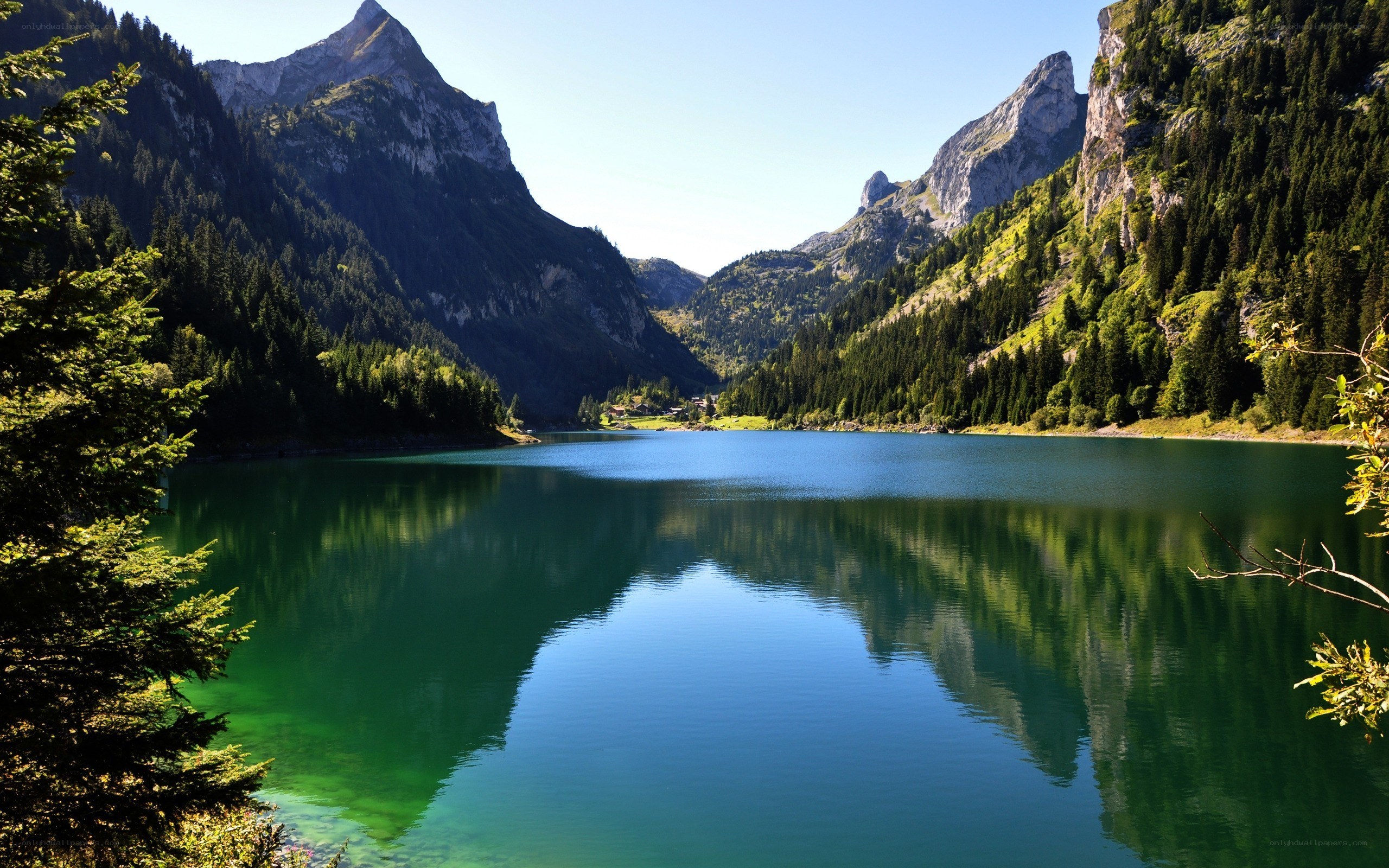 Mountain lake with forested peaks