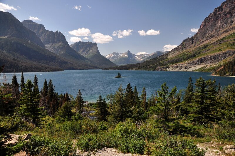 Mountain lake with forested shores