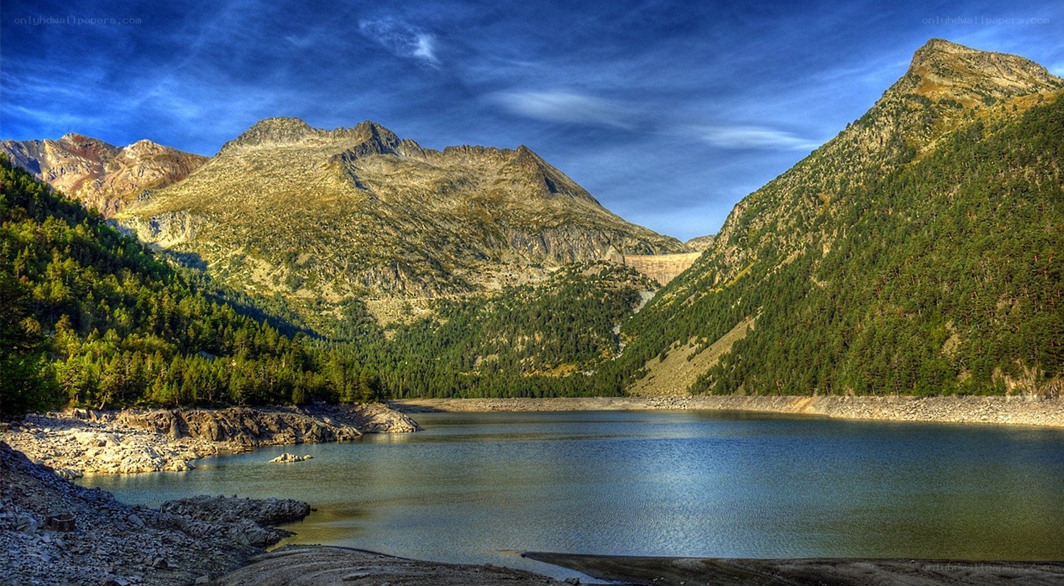 Mountain lake with forested slopes