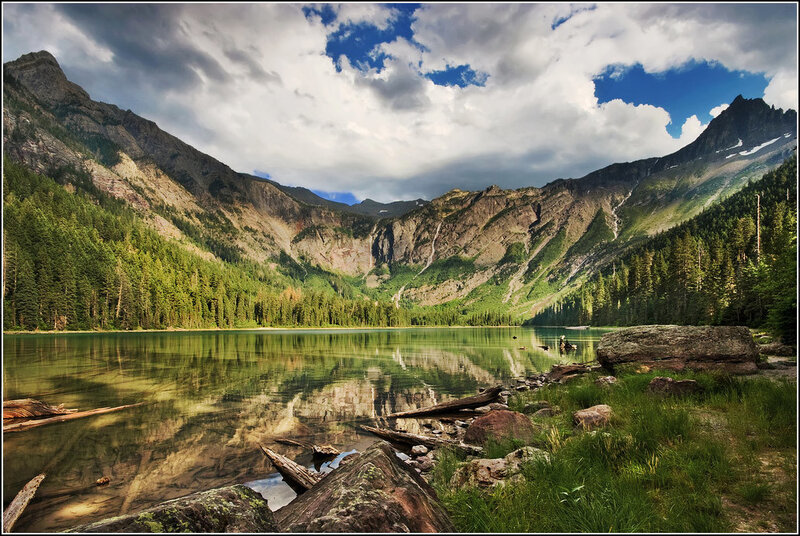Mountain lake with forested valley
