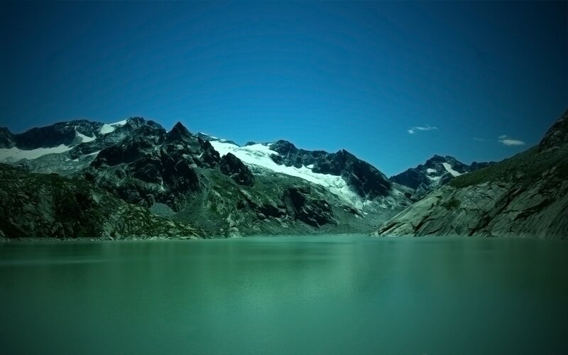 Mountain Lake with Glaciers — Blue, Serene, Afternoon, Photograph