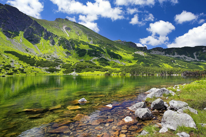Mountain lake with green hills