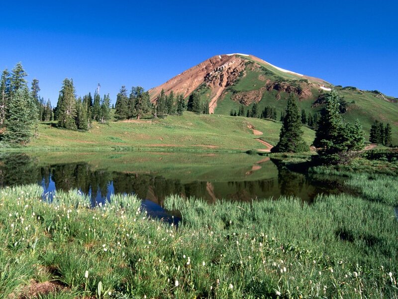 Mountain lake with green meadow