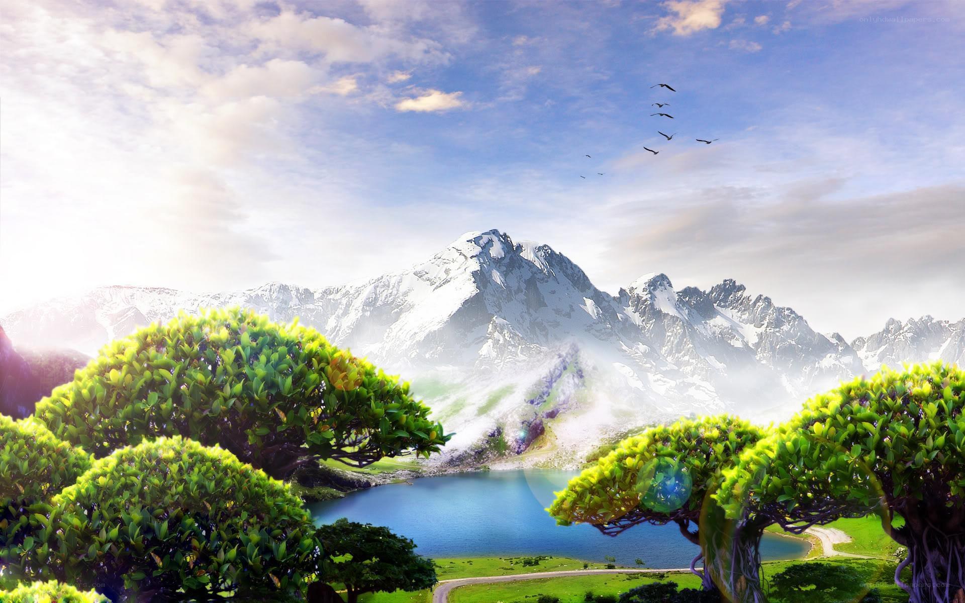 Mountain lake with green trees