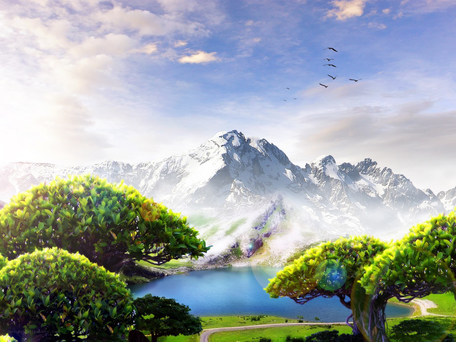 Mountain lake with green trees