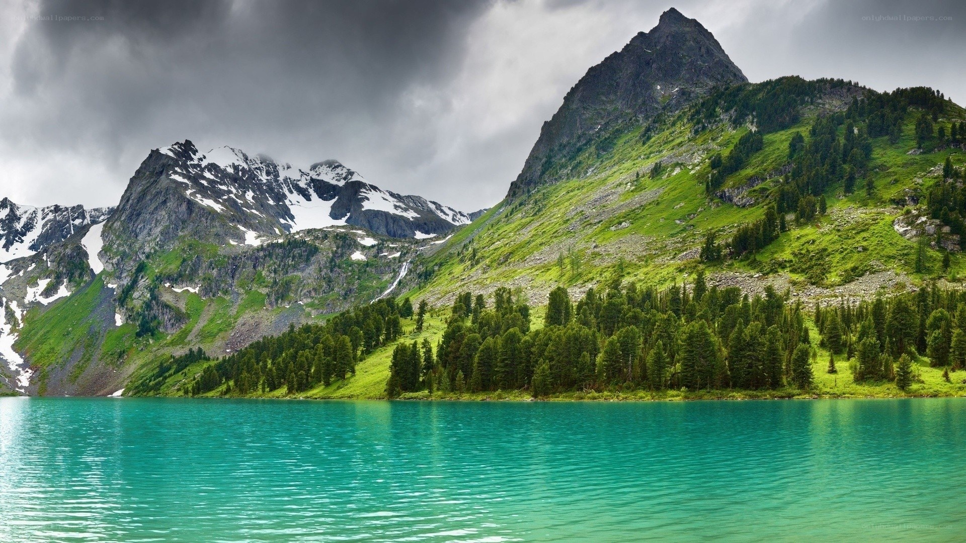 Mountain lake with green water