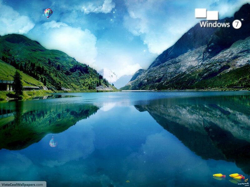 mountain lake with hot air balloon
