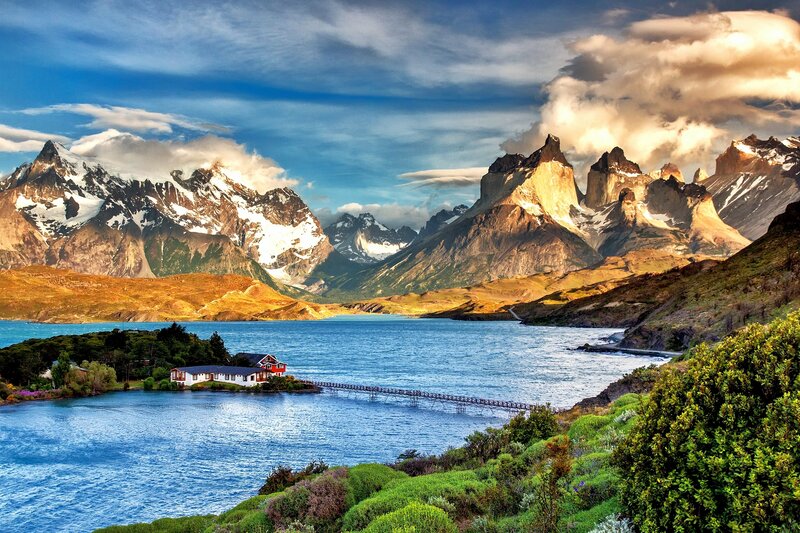 Mountain Lake with House — Blue