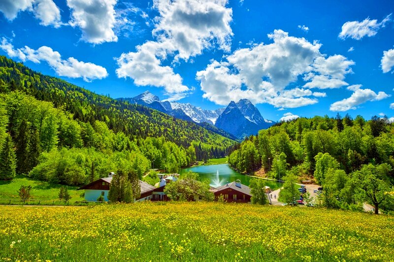 Mountain Lake with Houses