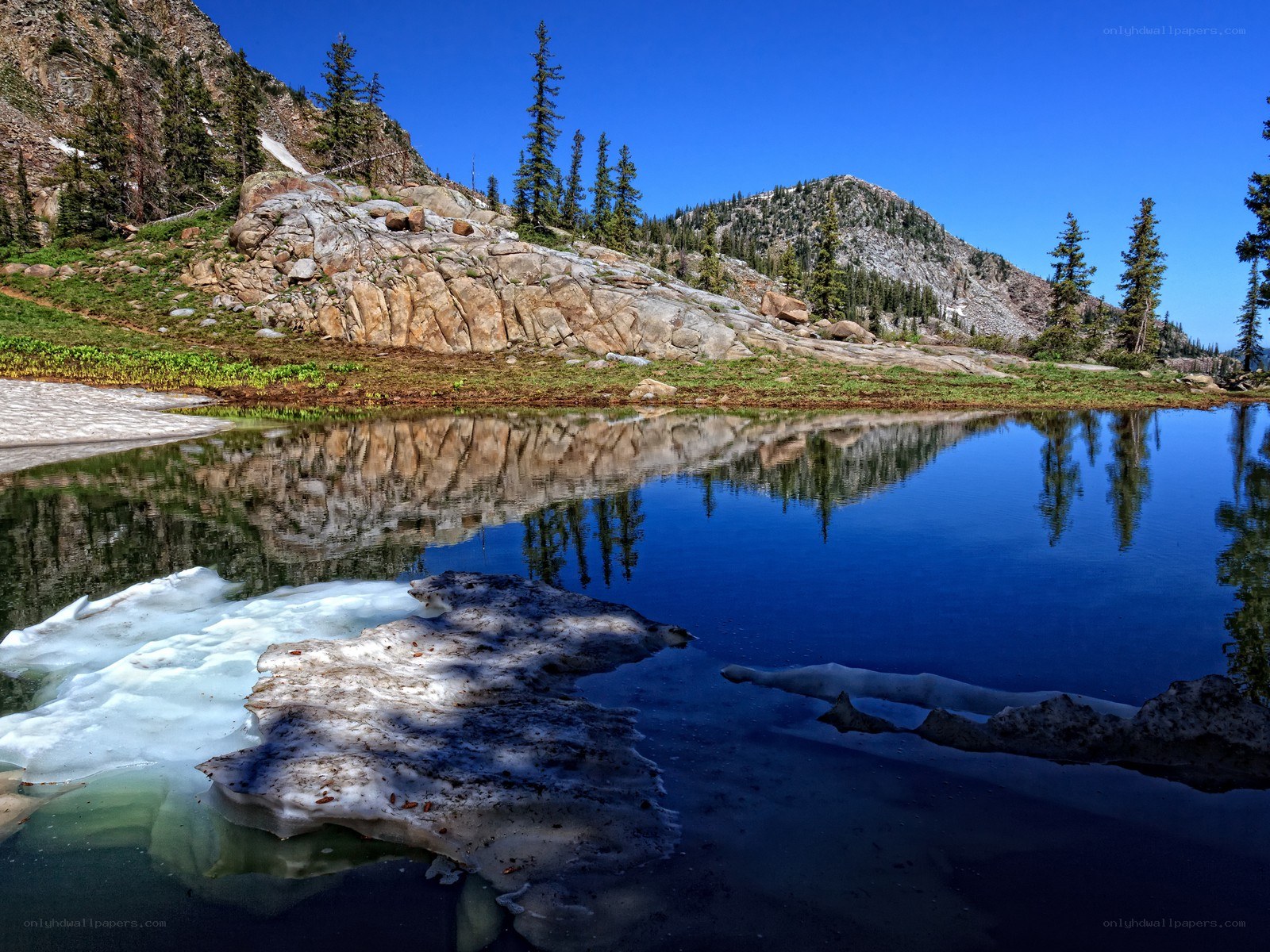 Mountain lake with ice and reflection