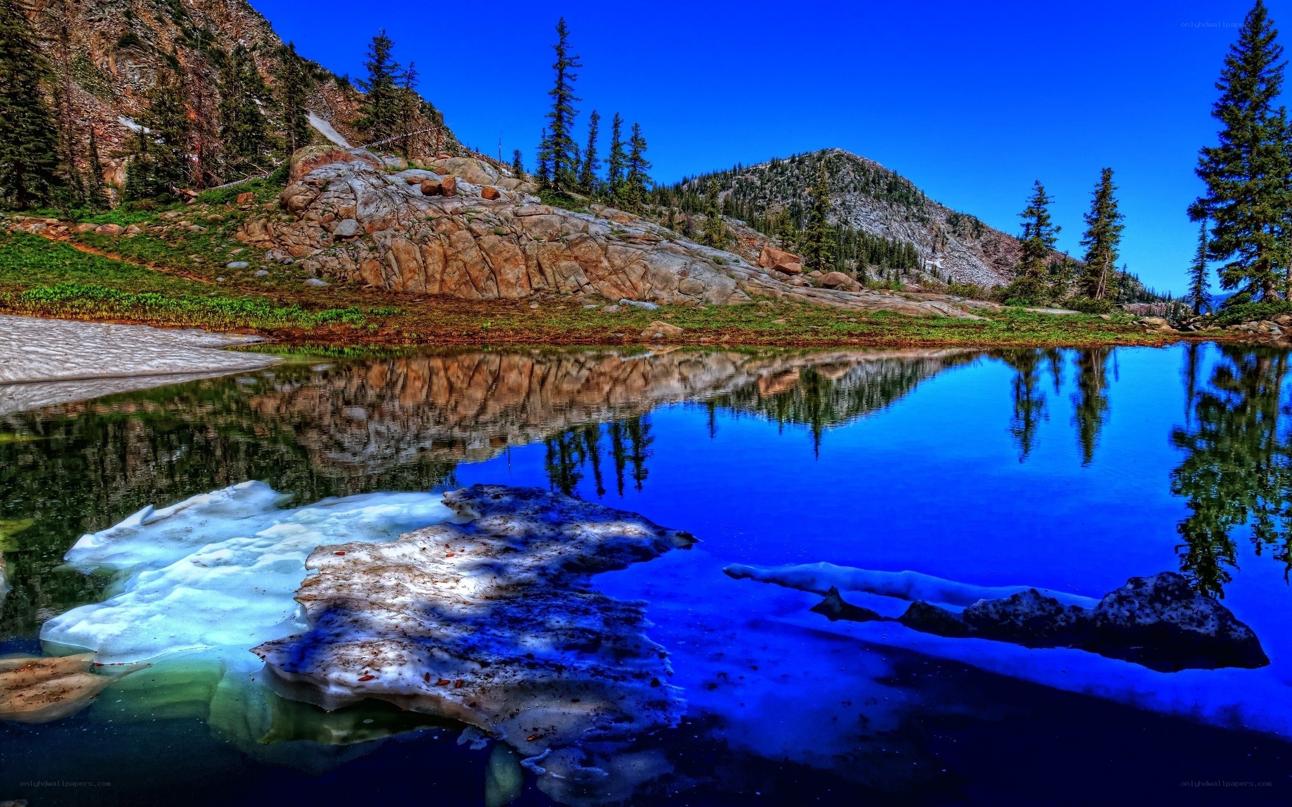 Mountain lake with ice and reflection
