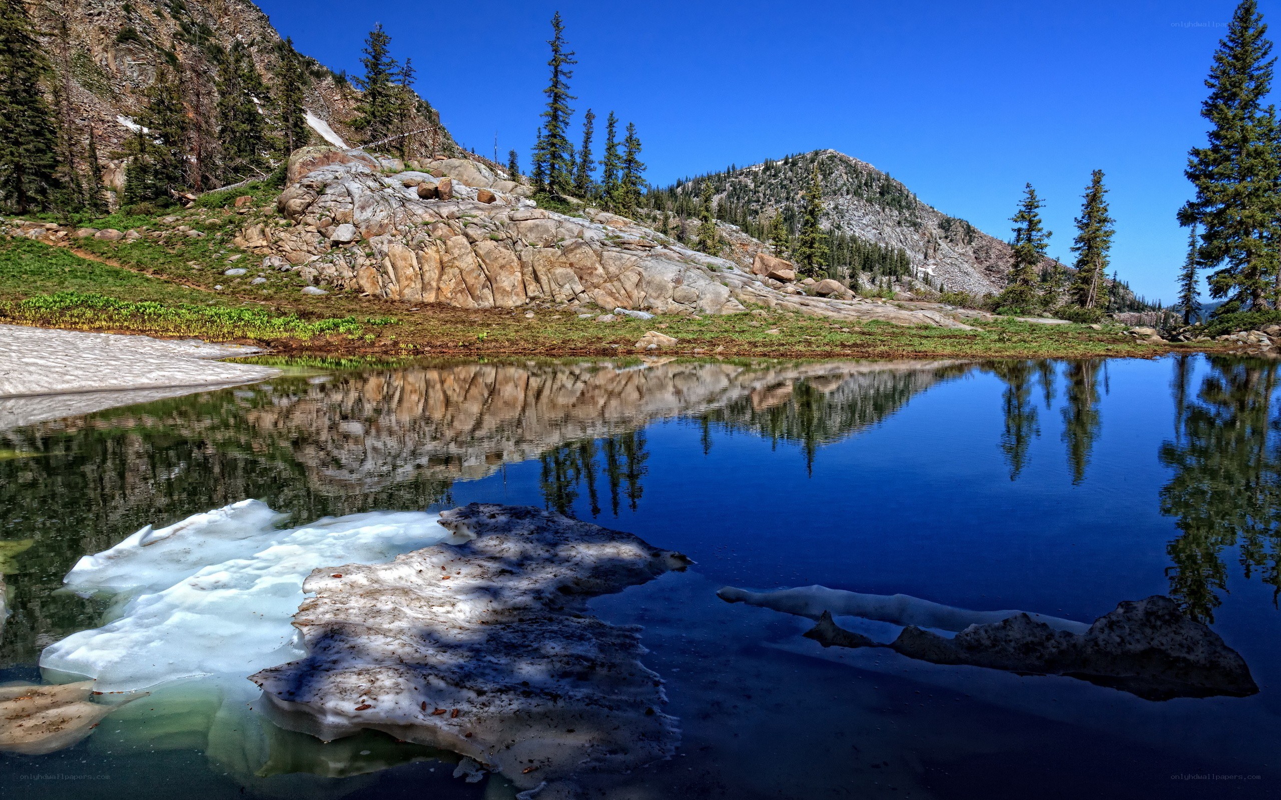 Mountain lake with ice and reflection