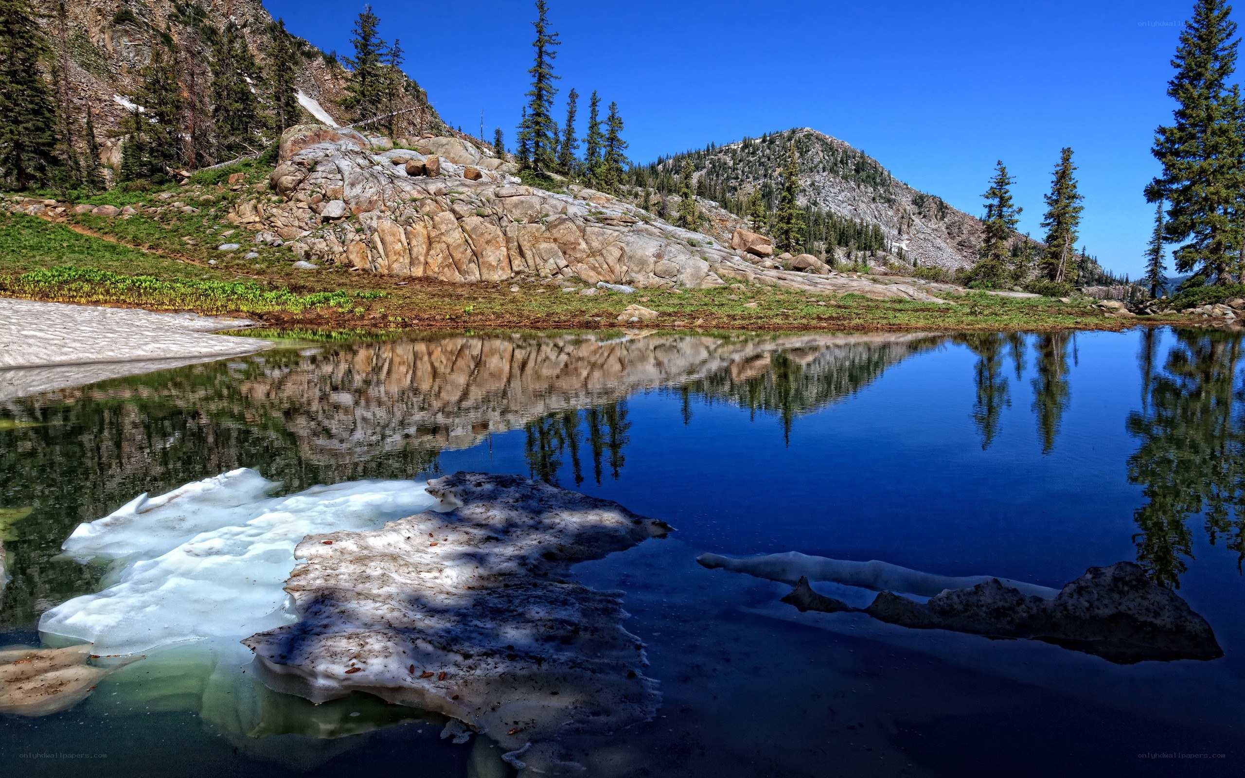 Mountain lake with ice and reflection