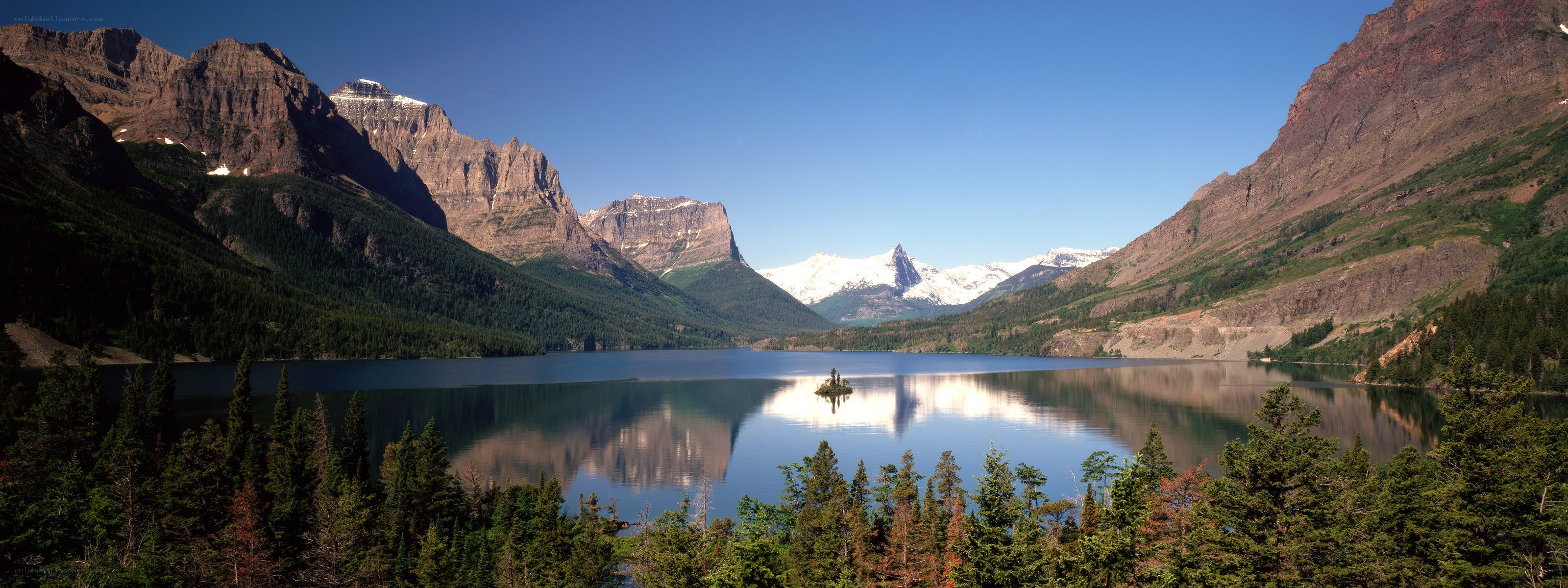 mountain lake with island