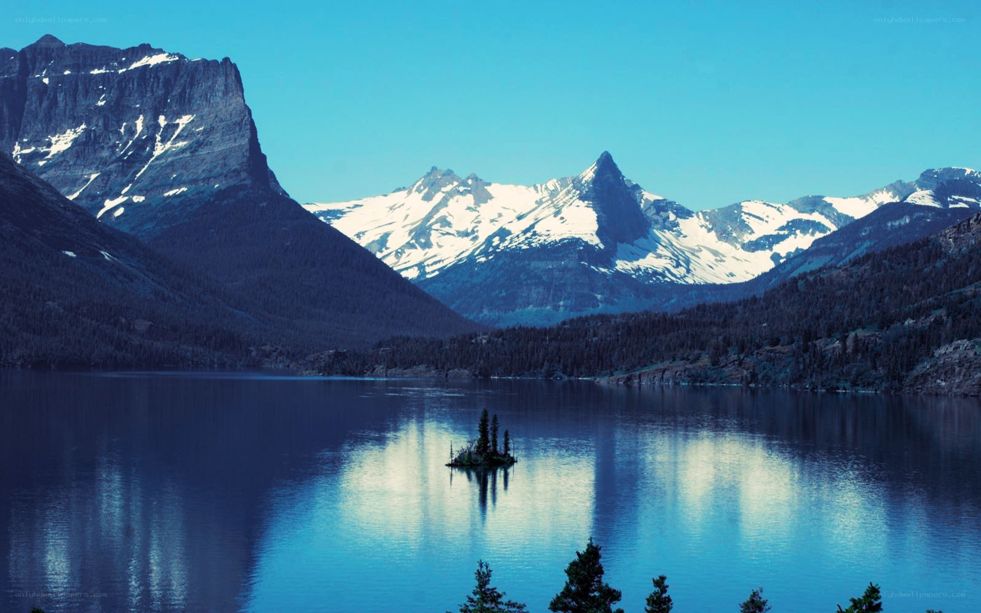 Mountain lake with island
