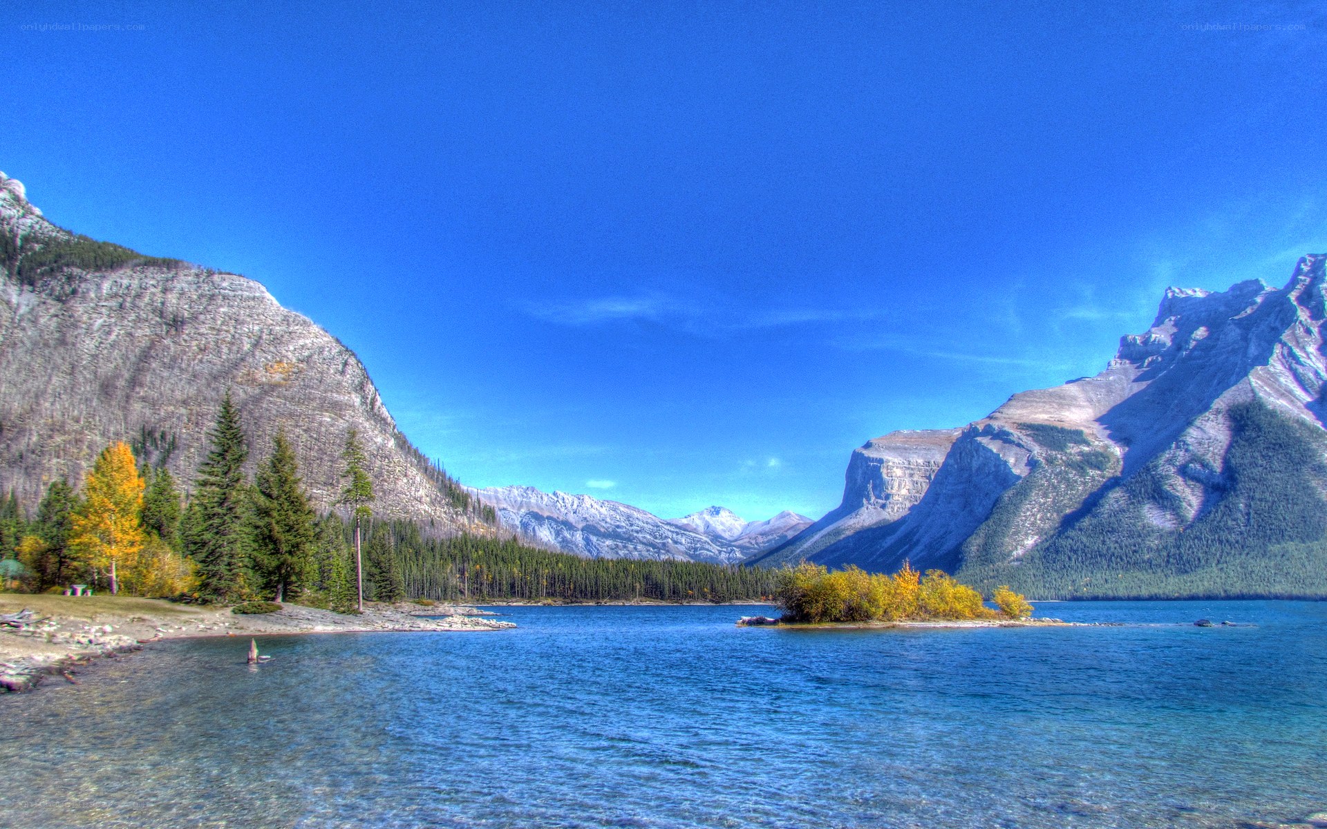 Mountain lake with island
