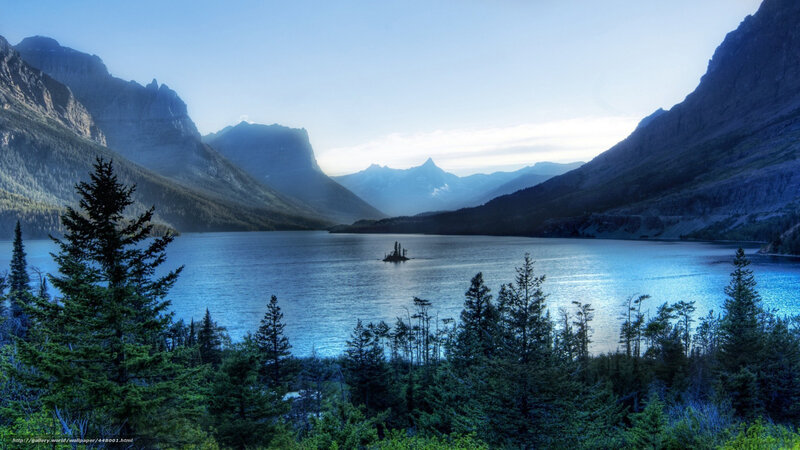 Mountain lake with island