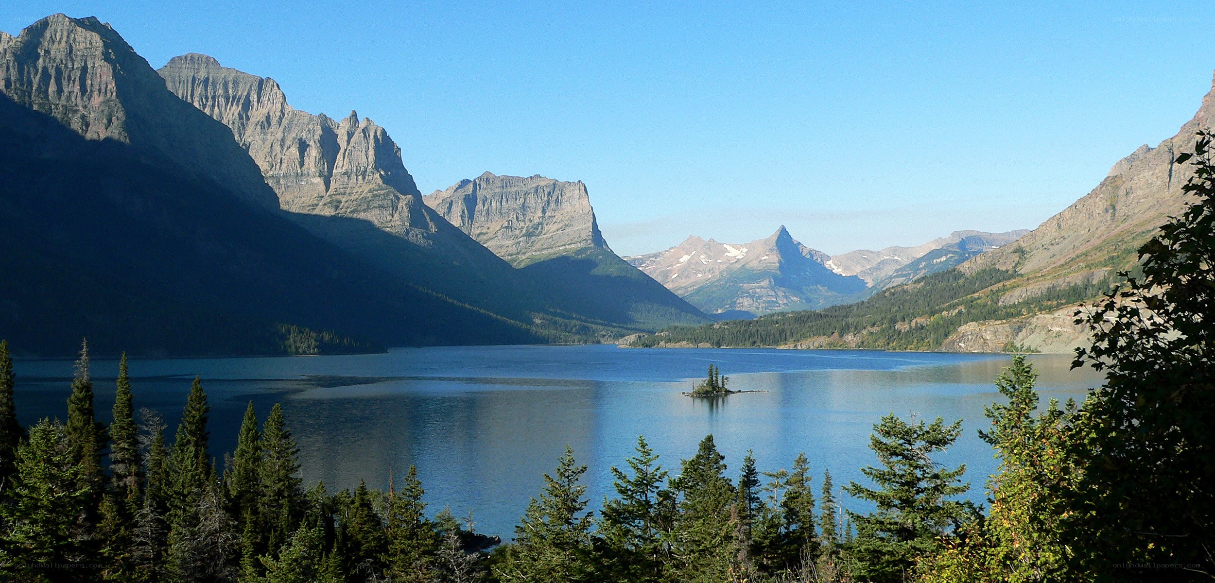 mountain lake with island