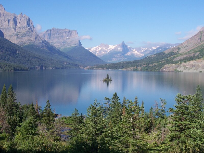 Mountain lake with island and peaks