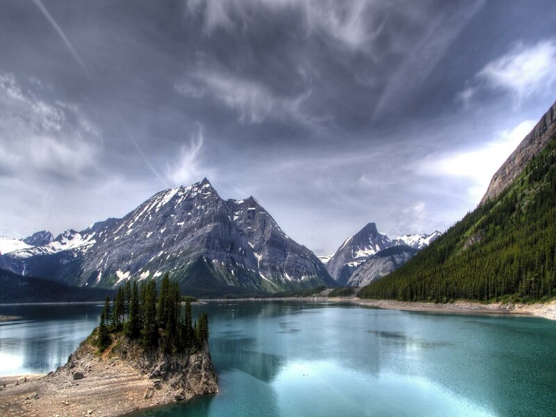 Mountain Lake with Island — Blue, Dramatic, Photograph