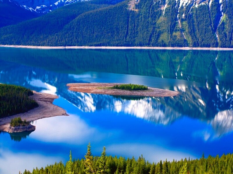 Mountain Lake with Island — Blue, Serene, Afternoon, Photograph, Forest