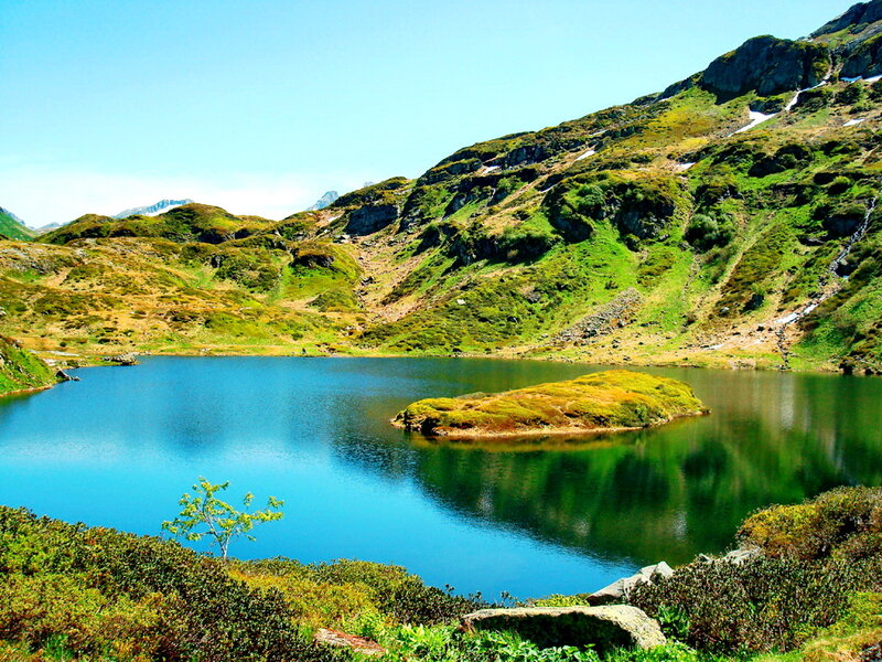 Mountain Lake with Island — Blue, Serene, Afternoon, Photograph, Mountains, Tree