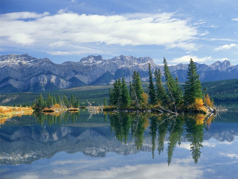 Mountain Lake with Island — Blue, Serene, Afternoon, Photograph, Mountains, Trees, Reflection