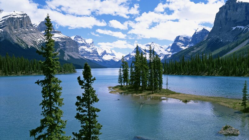 Mountain Lake with Island — Blue, Serene, Afternoon, Photograph, Pine Trees